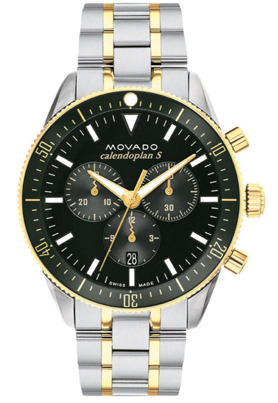 Movado Heritage Calendoplan Chronograph Green Dial Two Tone Steel Strap Watch For Men - 3650167 Authentic Buy Shop Now