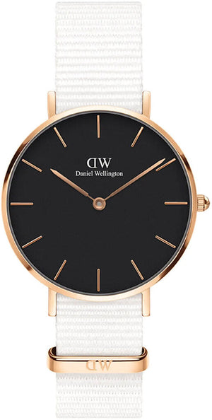 Daniel Wellington Classic Petite Dover Black Dial White NATO Strap Watch For Women - DW00100312 Authentic Buy Shop Now
