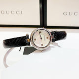 Gucci Diamantissima Diamonds Mother of Pearl Dial Black Leather Strap Watch For Women - YA141511 Authentic Buy Shop Now