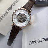 Emporio Armani Meccanico Skeleton Mother of Pearl Dial Brown Leather Strap Watch For Women - AR1993 Authentic Buy Shop Now