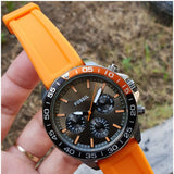 Fossil Bannon Chronograph Grey Dial Orange Silicone Strap Watch for Men - BQ2500 Authentic Buy Shop Now