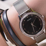 Guess Chelsea Crystals Black Dial Silver Mesh Bracelet Watch For Women - W0647L5 Authentic Buy Shop Now