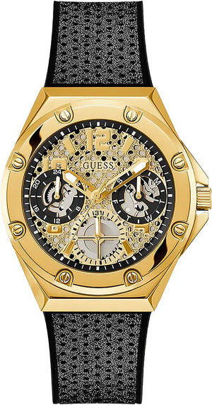 Guess Asteria Multifunction Gold Dial Black Rubber Strap Watch For Women - GW0620L2 Authentic Buy Shop Now