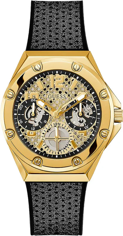 Guess Asteria Multifunction Gold Dial Black Rubber Strap Watch For Women - GW0620L2 Authentic Buy Shop Now