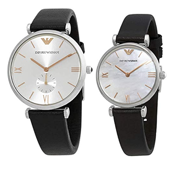 Emporio Armani Gianni T Bar Mother of Pearl Dial Black Leather Strap Watch For Women - AR90002 Authentic Buy Shop Now