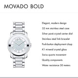 Movado Bold Crystal Pave Silver Dial Silver Steel Strap Watch for Women - 3600254 Authentic Buy Shop Now