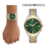 Emporio Armani Claudio Chronograph Green Dial Two Tone Steel Strap Watch For Women - AR11511 Authentic Buy Shop Now