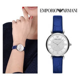 Emporio Armani Gianni T Bar Quartz Crystals Silver Dial Blue Leather Strap Watch For Women - AR11344 Authentic Buy Shop Now