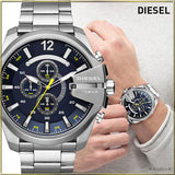 Diesel Mega Chief Chronograph Blue Dial Silver Steel Strap Watch For Men - DZ4465 Authentic Buy Shop Now