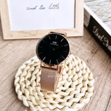 Daniel Wellington Petite Melrose Black Dial Rose Gold Mesh Strap Watch For Women - DW00100303 Authentic Buy Shop Now