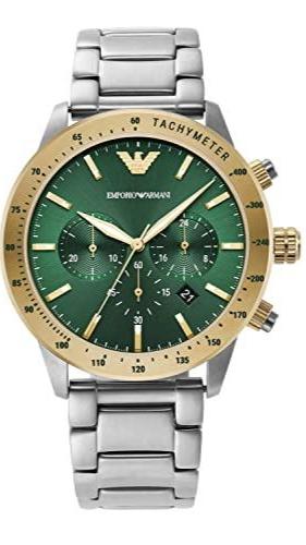Emporio Armani Mario Chronograph Green Dial Silver Steel Strap Watch For Men - AR11454 Authentic Buy Shop Now