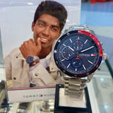 Tommy Hilfiger Bank Chronograph Blue Dial Silver Steel Strap Watch for Men - 1791718 Authentic Buy Shop Now