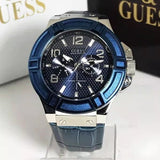 Guess Rigor Multifunction Chronograph Blue Dial Blue Leather Strap Watch For Men - W0040G7 Authentic Buy Shop Now
