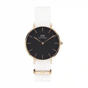Daniel Wellington Classic Petite Dover Black Dial White NATO Strap Watch For Women - DW00100312 Authentic Buy Shop Now