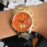 Michael Kors Runway Chronograph Orange Dial Gold Steep Strap Watch For Women - MK6162 Authentic Buy Shop Now