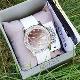 Guess Confetti Crystal Black Dial White Silicone Strap Watch For Women - W1098L1 Authentic Buy Shop Now
