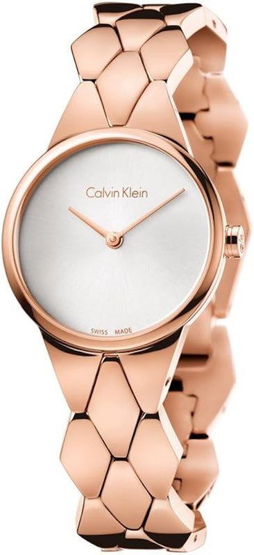Calvin Klein Snake Silver Dial Rose Gold Steel Strap Watch For Women - K6E23646 Authentic Buy Shop Now