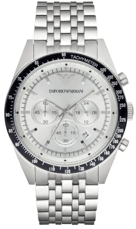 Emporio Armani Sportivo Chronograph Silver Dial Silver Steel Strap Watch For Men - AR6073 Authentic Buy Shop Now