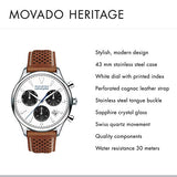 Movado Heritage Calendoplan Chronograph White Dial Brown Leather Strap Watch for Men - 3650008 Authentic Buy Shop Now