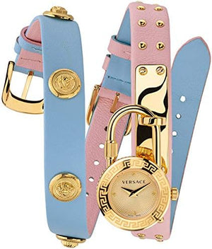 Versace Medusa Lock Icon Quartz Gold Dial Pink & Blue Leather Strap Watch For Women - VEDW00219 Authentic Buy Shop Now