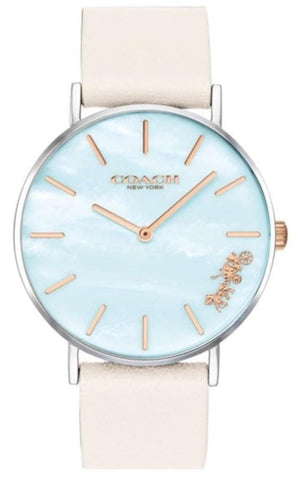 Coach Perry Blue Mother of Pearl Dial White Leather Strap Watch for Women - 14503270 Authentic Buy Shop Now