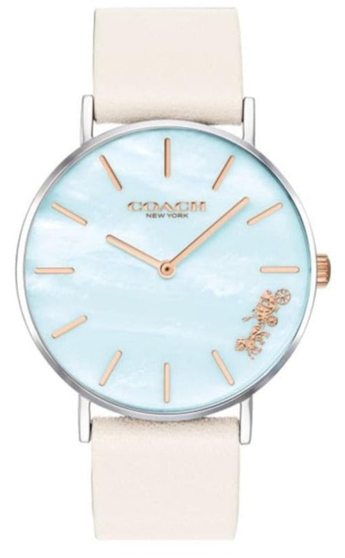 Coach Perry Blue Mother of Pearl Dial White Leather Strap Watch for Women - 14503270 Authentic Buy Shop Now