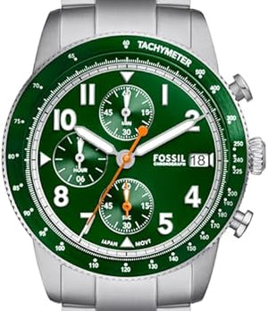 Fossil Sport Tourer Chronograph Green Dial Silver Steel Strap Watch for Men - FS6048 Authentic Buy Shop Now