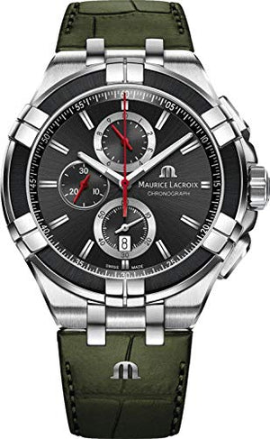 Maurice Lacroix Aikon Chronograph Black Dial Green Leather Strap Watch for Men - AI1018-PVB21-330-1 Authentic Buy Shop Now