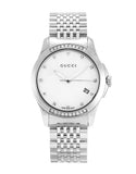 Gucci G Timeless Diamonds Mother of Pearl Dial Silver Steel Strap Watch For Women - YA126510 Authentic Buy Shop Now