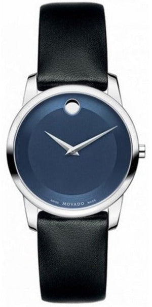 Movado Museum Blue Dial Black Leather Strap Watch For Women - 0606611 Authentic Buy Shop Now