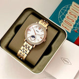 Fossil Jacqueline Moonphase Mother of Pearl Dial Gold Steel Strap Watch for Women - ES5167 Authentic Buy Shop Now