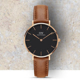 Daniel Wellington Classic Petite Durham Black Dial Brown Leather Strap Watch For Women - DW00100166 Authentic Buy Shop Now