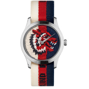 Gucci G Timeless Quartz White Red Blue Dial Multicolored NATO Strap Watch For Men - YA1264059 Authentic Buy Shop Now