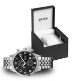 Hugo Boss Aeroliner Chronograph Black Dial Silver Steel Strap Watch For Men - 1512446 Authentic Buy Shop Now