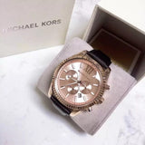Michael Kors Lexington Chronograph Rose Gold Dial Black Leather Strap Watch For Men - MK8516 Authentic Buy Shop Now