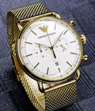 Emporio Armani Aviator Chronograph Quartz Beige Dial Gold Mesh Bracelet Watch For Men - AR11315 Authentic Buy Shop Now