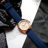Guess Cubed Analog Rose Gold Dial Blue Leather Strap Watch For Women - GW0665L2 Authentic Buy Shop Now