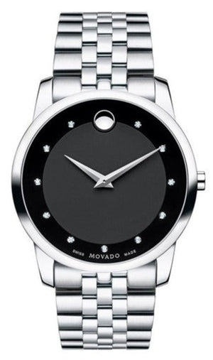 Movado Museum Diamonds Black Dial Silver Steel Strap Watch For Men - 606878 Authentic Buy Shop Now