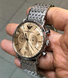 Emporio Armani Aviator Chronograph Beige Dial Silver Steel Strap Watch For Men - AR11239 Authentic Buy Shop Now