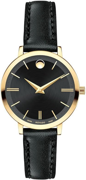 Movado Ultra Slim Black Dial Black Leather Strap Watch For Women - 0607095 Authentic Buy Shop Now