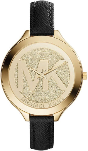 Michael Kors Slim Runway Quartz Gold Dial Black Leather Strap Watch For Women - MK2392 Authentic Buy Shop Now