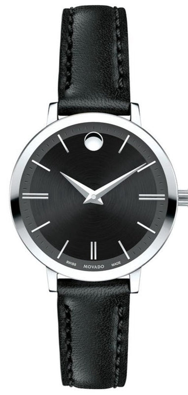Movado Ultra Slim Black Dial Black Leather Strap Watch For Women - 0607094 Authentic Buy Shop Now