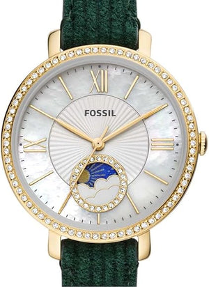 Fossil Jacqueline Multifunction Moonphase Mother of Pearl White Dial Green Leather Strap Watch for Women - ES5244 Authentic Buy Shop Now