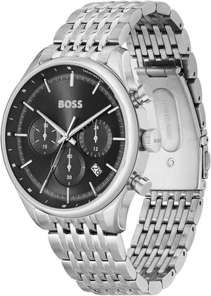 Hugo Boss Gregor Chronograph Black Dial Silver Steel Strap Watch For Men - 1514082 Authentic Buy Shop Now