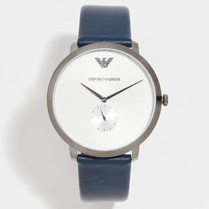 Emporio Armani Modern Slim Analog Silver Dial Blue Leather Strap Watch For Men - AR11214 Authentic Buy Shop Now