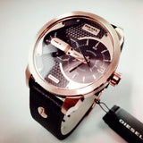 Diesel Mini Daddy Dual Time Black & Gold Dial Black Leather Strap Watch For Men - DZ7317 Authentic Buy Shop Now