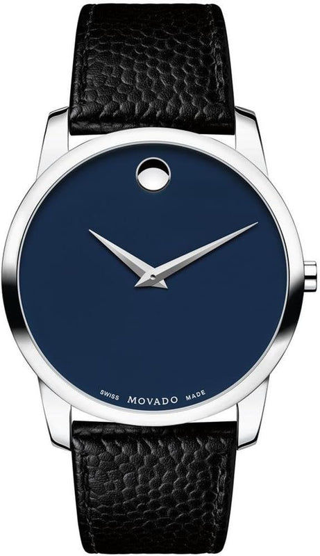 Movado Museum Blue Dial Black Leather Strap Watch For Men - 607013 Authentic Buy Shop Now