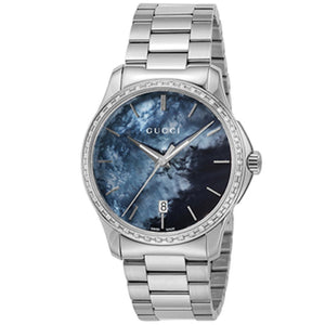 Gucci G Timeless Diamonds Mother of Pearl Blue Dial Silver Steel Strap Unisex Watch - YA126458 Authentic Buy Shop Now