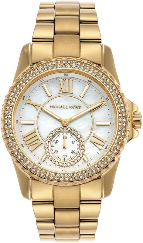 Michael Kors Everest Three Hand Mother of Pearl White Dial Gold Steel Strap Watch For Women - MK7401 Authentic Buy Shop Now