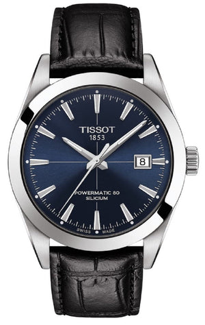 Tissot Gentleman Powermatic 80 Silicium Blue Dial Black Leather Strap Watch For Men - T127.407.16.041.01 Authentic Buy Shop Now